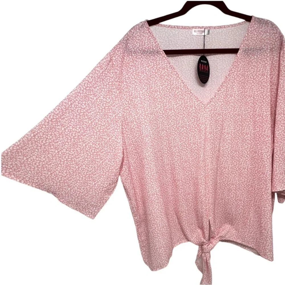 Bluetime NEW Pink & White Print V Neck 3/4 Sleeve Tie Front Top Women’s 2XL - Picture 5 of 9
